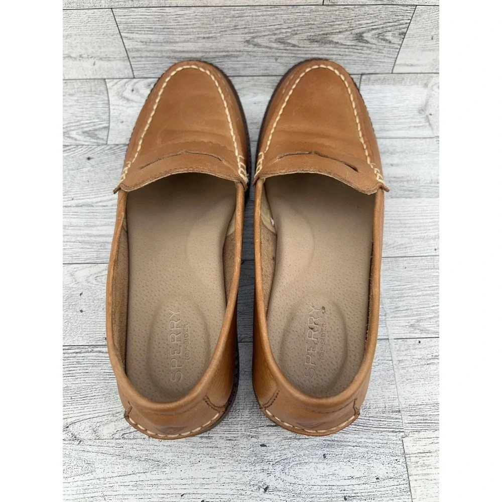 Sperry Seaport‎ Penny Loafers Women Size 7 Tan Leather Slip On Shoes STS82848